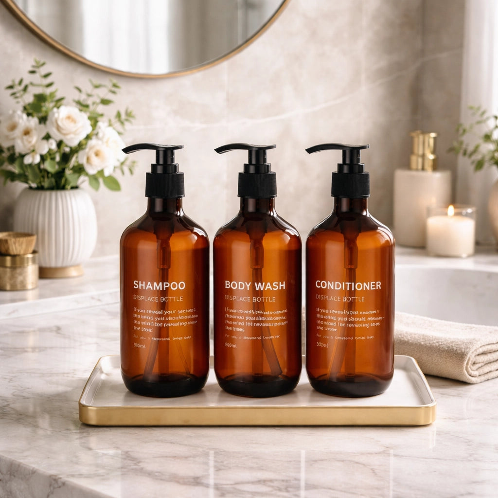 3-Piece Waterproof Refillable Shower Dispenser Set with Printed Labels