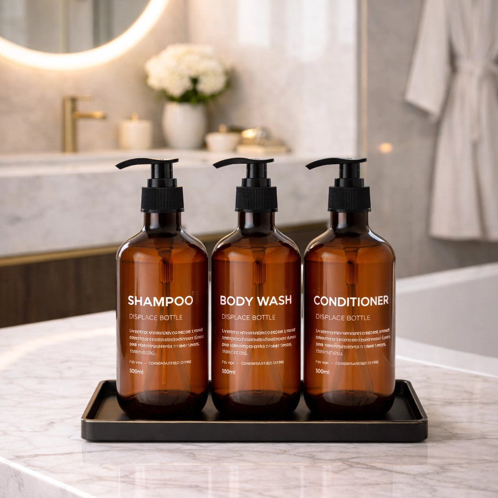 3-Piece Waterproof Refillable Shower Dispenser Set with Printed Labels