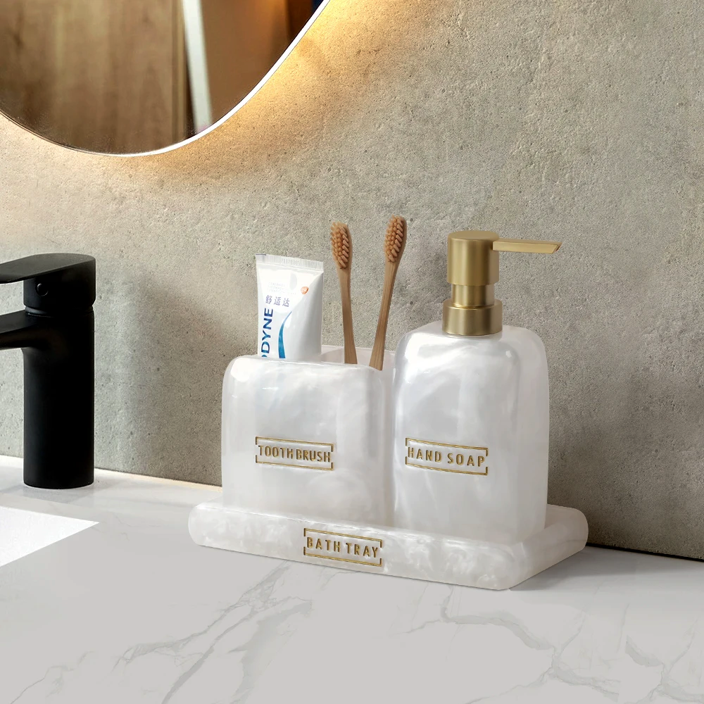 Juego de bandeja, soporte para cepillo de dientes y dispensador de jabón nacarado Lubath™