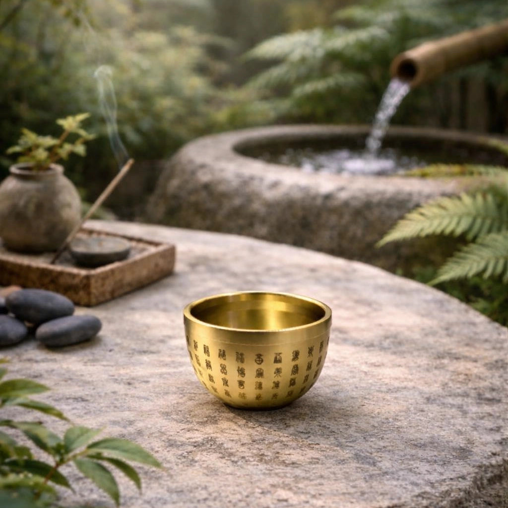 Mini cuenco dorado de Feng Shui de las Cien Bendiciones para la Energía Positiva