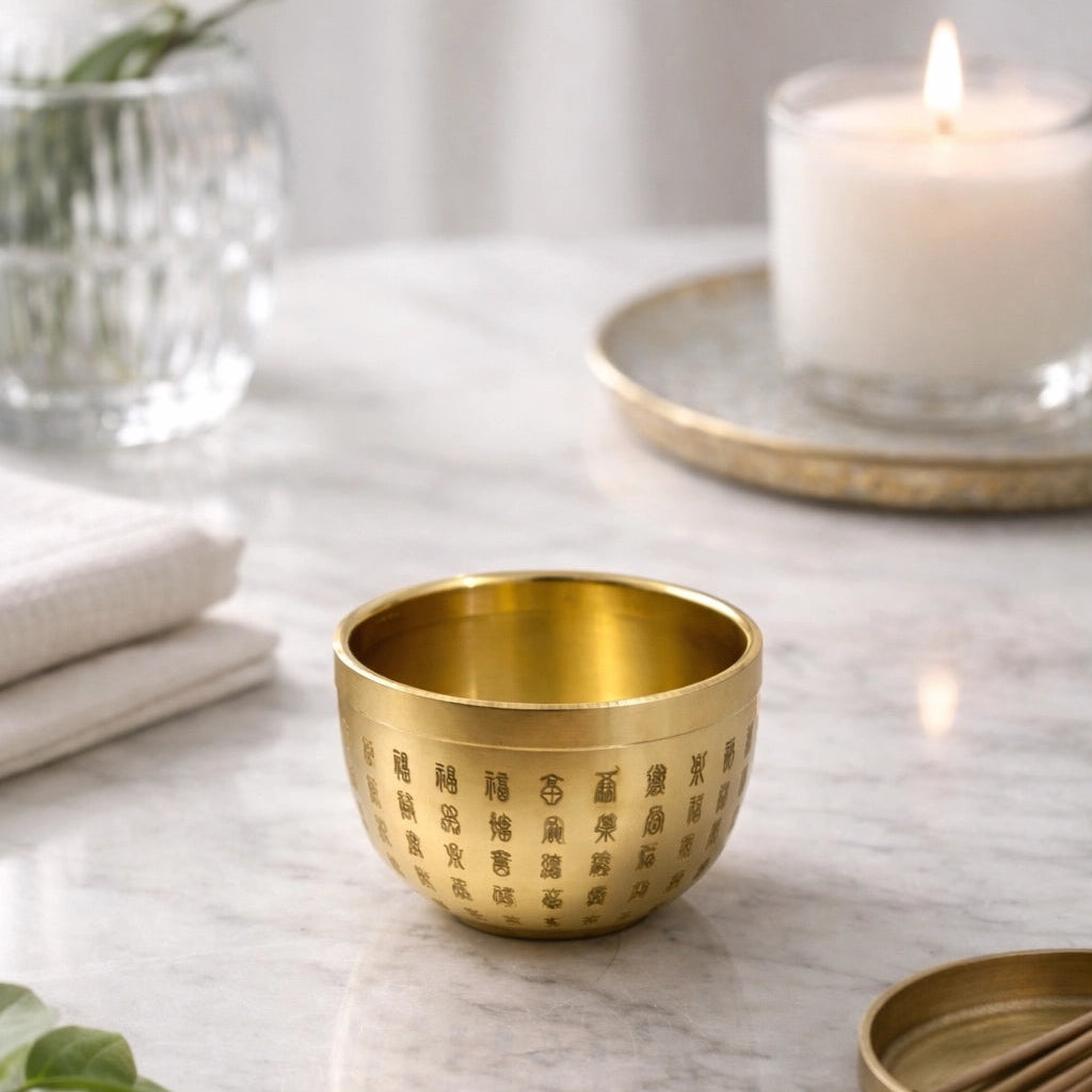 Mini cuenco dorado de Feng Shui de las Cien Bendiciones para la Energía Positiva