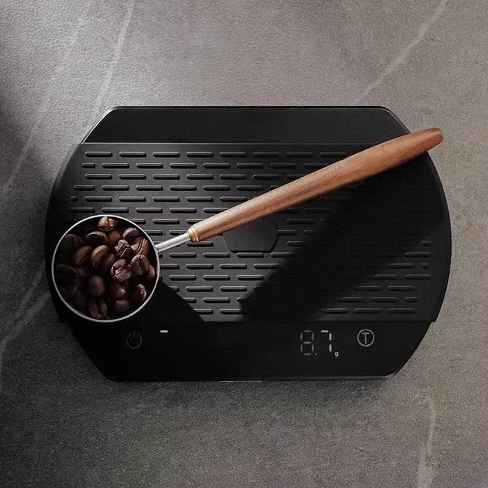 Cuchara medidora de café de acero inoxidable con mango de madera de nogal